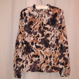SHEIN L Spotted Multicolor Ruffle Mock Neck Balloon Sleeve Long Sleeve Blouse